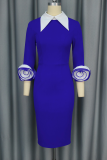 Blue Elegant Solid Color Flower Shape Turndown Collar Wrapped Skirt Dresses