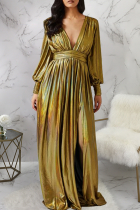 Gold Prom Solid Color High Slit Deep V Neck Evening Dresses
