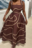Dark Brown Casual Print Pocket Square Neck Long Dresses