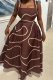 Dark Brown Casual Print Pocket Square Neck Long Dresses