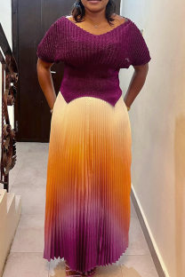 Purple Elegant Gradient Pleated V Neck Half Sleeve Two Pieces