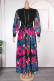 Black Elegant Print With Belt Zipper Flounce O Neck Long Plus Size Dresses