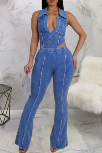 Blue Casual Solid Color Patchwork Turndown Collar Sleeveless Two Pieces