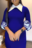 Blue Elegant Solid Color Flower Shape Turndown Collar Wrapped Skirt Dresses