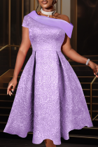 Purple Prom Solid Color Patchwork Oblique Collar Evening Dresses