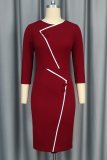 Burgundy Elegant Buttons Contrast O Neck Wrapped Skirt Dresses