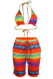 Orange Sexy Print Backless Strap Design Halter Sleeveless Two Pieces