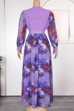 Black Elegant Print With Belt Zipper Flounce O Neck Long Plus Size Dresses