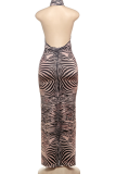 Black Sexy Zebra Print Backless O Neck Long Dresses