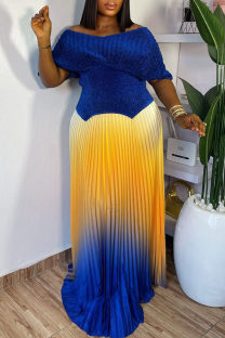 Blue Elegant Gradient Pleated V Neck Half Sleeve Two Pieces
