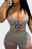 Grey Sexy Print Patchwork Spaghetti Strap Sleeveless Two Pieces