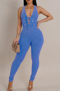 Blue Casual Solid Color Strap Design V Neck Skinny Jumpsuits