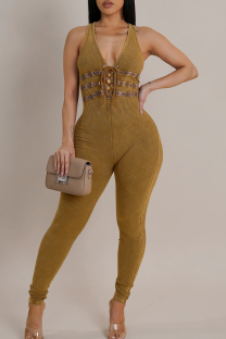 Brown Casual Solid Color Strap Design V Neck Skinny Jumpsuits