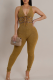 Brown Casual Solid Color Strap Design V Neck Skinny Jumpsuits