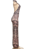 Black Sexy Zebra Print Backless O Neck Long Dresses