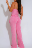 Pink Casual Solid Color Draw String Spaghetti Strap Sleeveless Two Pieces