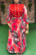 Red Elegant Print With Belt Zipper Flounce O Neck Long Plus Size Dresses