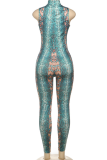 Blue Sexy Print Hollow Out O Neck Skinny Jumpsuits