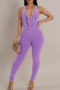 Purple Casual Solid Color Strap Design V Neck Skinny Jumpsuits