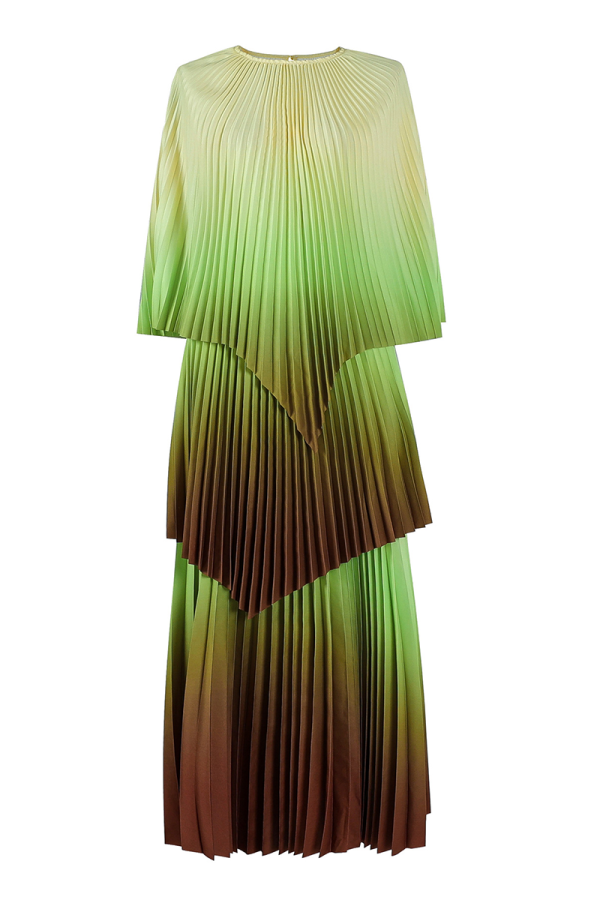 Green Yellow Elegant Gradient Irregular Pleated O Neck Three Quarter Two Pieces