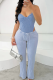 Light Blue Casual Solid Color Draw String Spaghetti Strap Sleeveless Two Pieces