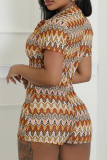 Gold Casual Print Buckle Turndown Collar Skinny Rompers