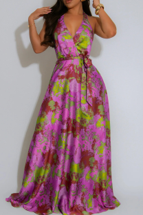 Pink Elegant Print Backless Strap Design Halter Long Dresses