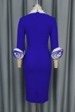 Blue Elegant Solid Color Flower Shape Turndown Collar Wrapped Skirt Dresses