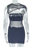 Black Sexy Solid Color See-Through O Neck Wrapped Skirt Dresses