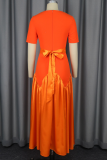 Orange Elegant Solid Color Patchwork Square Neck Long Dresses