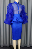 Blue Sexy Solid Color See-Through Flounce Turndown Collar Long Sleeve Two Pieces