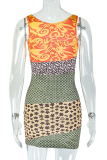 Multicolor Sexy Print Square Neck Wrapped Skirt Dresses