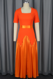 Orange Elegant Solid Color Patchwork Square Neck Long Dresses