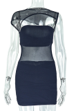 Black Sexy Solid Color See-Through O Neck Wrapped Skirt Dresses