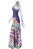 Purple Elegant Print O Neck Long Dresses
