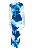 Tibetan Blue Elegant Print Patchwork Oblique Collar Long Dresses