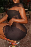Black Sexy Solid Color See-Through O Neck Wrapped Skirt Dresses