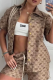 Khaki Casual Print Buckle Turndown Collar Short Sleeve Two Pieces