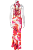 Red Sexy Print Backless V Neck Long Dresses