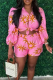 Pink Casual Print Buckle Turndown Collar Three Quarter Two Pieces