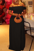 Black Sexy Solid Color Patchwork Off Shoulder Long Dresses
