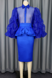 Blue Sexy Solid Color See-Through Flounce Turndown Collar Long Sleeve Two Pieces