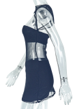 Black Sexy Solid Color See-Through O Neck Wrapped Skirt Dresses