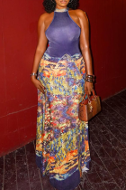 Purple Elegant Print O Neck Long Dresses
