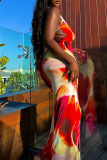 Red Sexy Print Backless V Neck Long Dresses