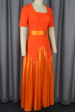 Orange Elegant Solid Color Patchwork Square Neck Long Dresses