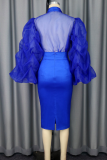 Blue Sexy Solid Color See-Through Flounce Turndown Collar Long Sleeve Two Pieces