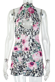 Colour Sexy Print Hollow Out Backless O Neck Wrapped Skirt Dresses