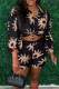 Black Casual Print Buckle Turndown Collar Three Quarter Two Pieces