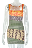Multicolor Sexy Print Square Neck Wrapped Skirt Dresses